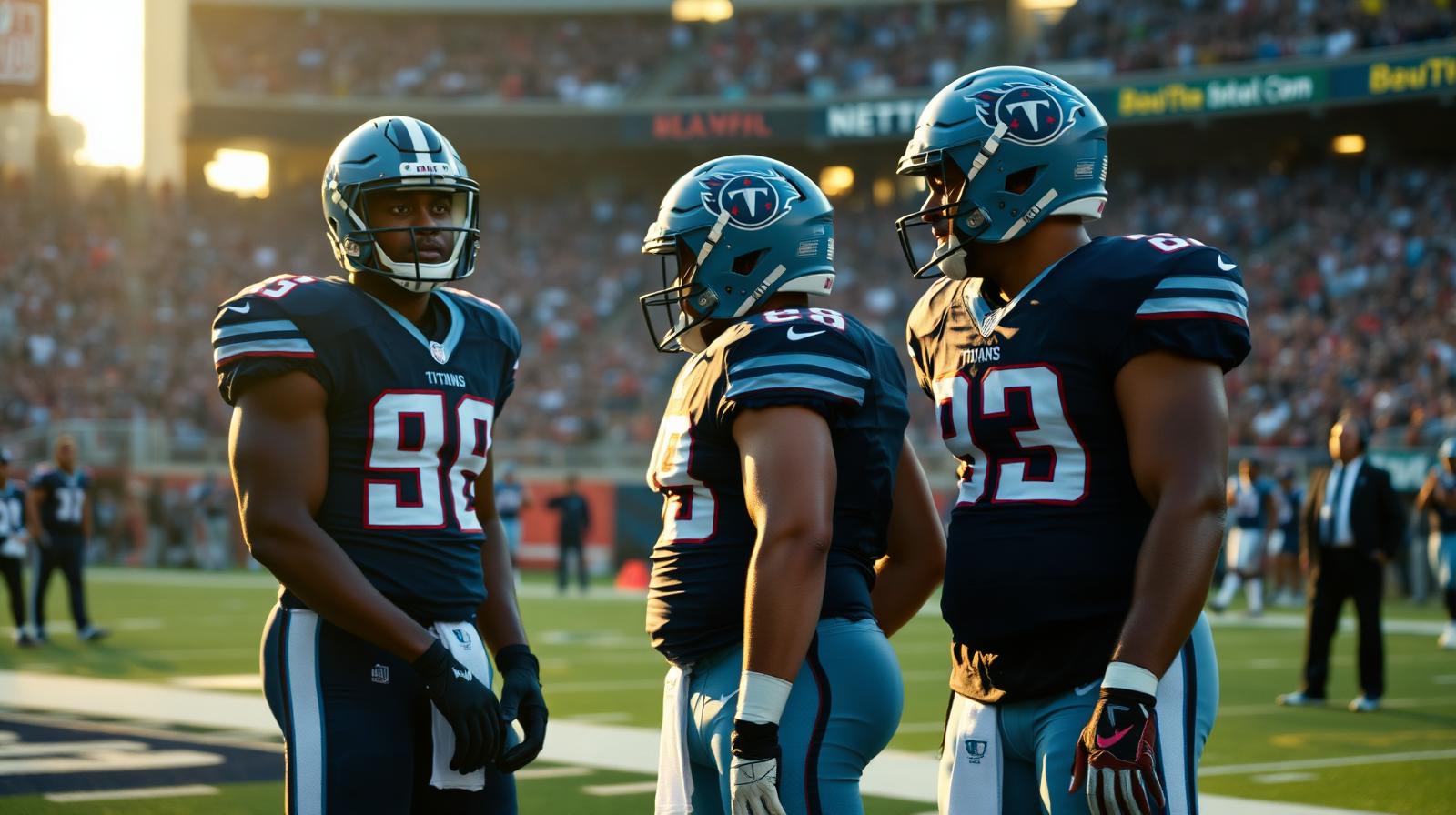 Three Tennessee Titans running backs in navy and light blue jerseys on the sideline.