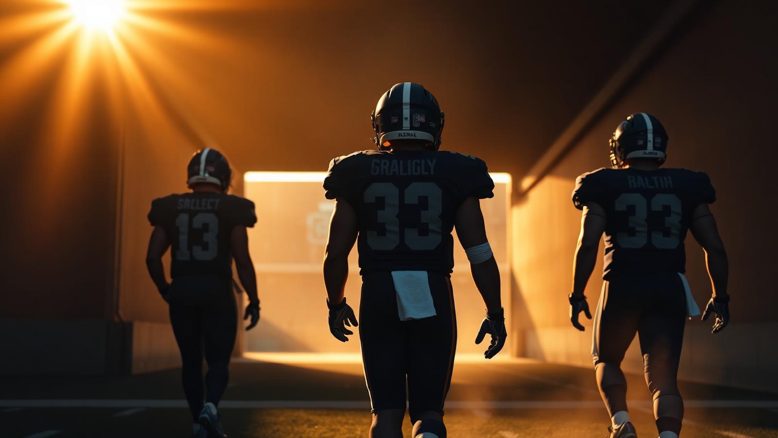 Three football players walking out of a stadium tunnel at golden hour — comeback from injury.