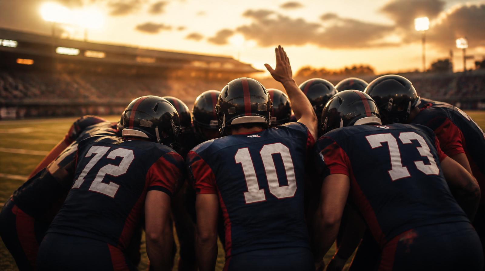 Football team huddled together at golden hour.